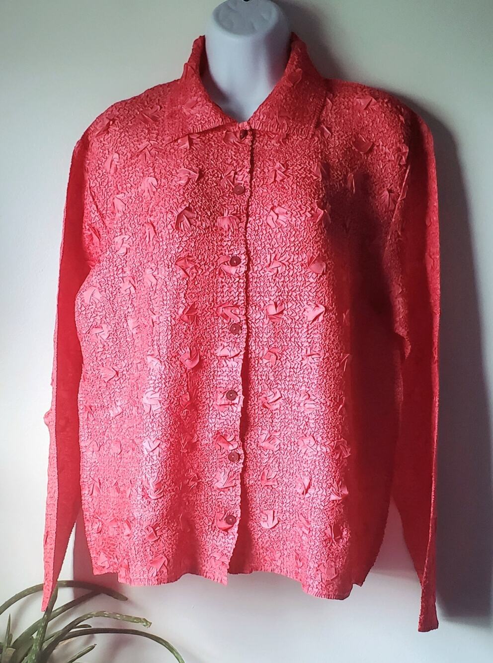 Travel Smith Womens Coral Long Sleeve Textured Stretch Button Down Shirt Size L